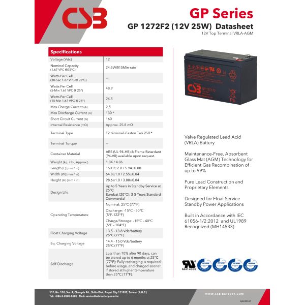 CSB GP1272 F2 12V 25W High Performance Maintenance-Free Valve Regulated Lead Acid Battery