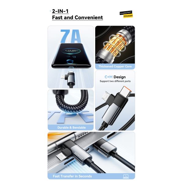 ESSAGER ES-X59 2 In1 Usb To Micro USB C Fast Charging Cables 7A Pd 100W