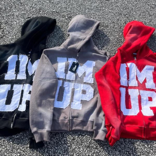 Lettre en détresse Broderie à l'applique Hoodie 100 coton Fermeture à glissière pour hommes Fermeture à glissière Hoodies