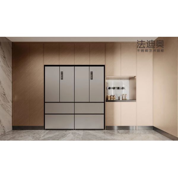 Armoire de cuisine Fadior en acier inoxydable - Ton beige, agencement en îlot, quincaillerie de qualité supérieure et rangement personnalisé