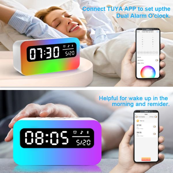 OEM Acceptable Rechargeable Digital Alarm Clock RGB Speaker LED Night Lights Bedside Lamp Sleeping Relaxation Alarm