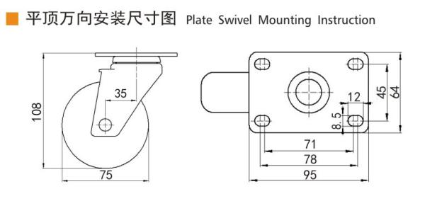 EDL Industrial Casters 3inch 150kg Plate TPA by Rigid, Swivel and Brake type