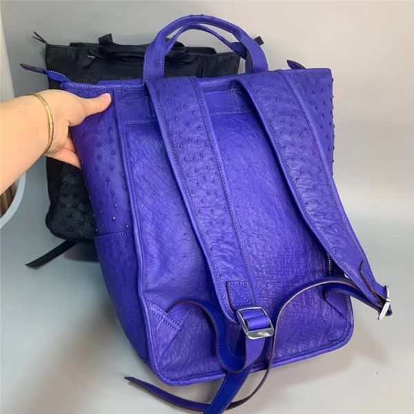 Casual Style Authentic Real True Ostrich Skin Men's Large Blue Travel Backpack Genuine Leather Male Top-handle Bag Pack