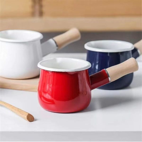 Mini Pot Enamel Steel Milk Pan Baby Food Cooking Pot with Wooden Handle
