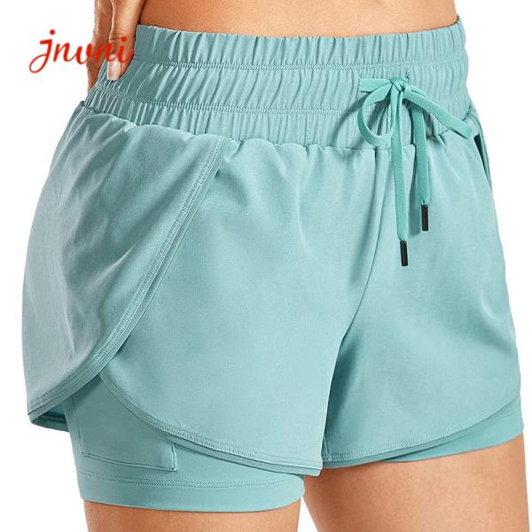 100gsm 2 em 1 dupla camada do short do exercício das mulheres de corrida das mulheres do short