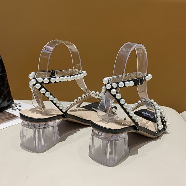 Transparent High Square Heel Thick Soled New Lady Sandals Pearl Beautiful