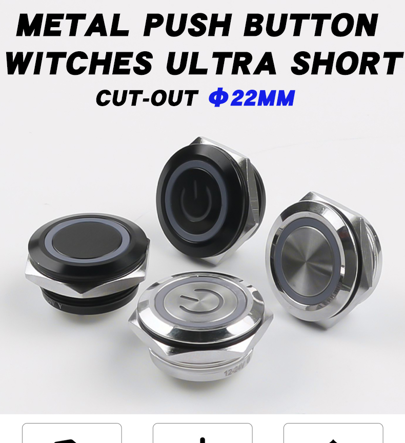 IP67 Waterproof 22mm Ultra Thin Metal Push Button Switch with RGB LED, Self-Resetting, Black Shell Normally Open Momentary