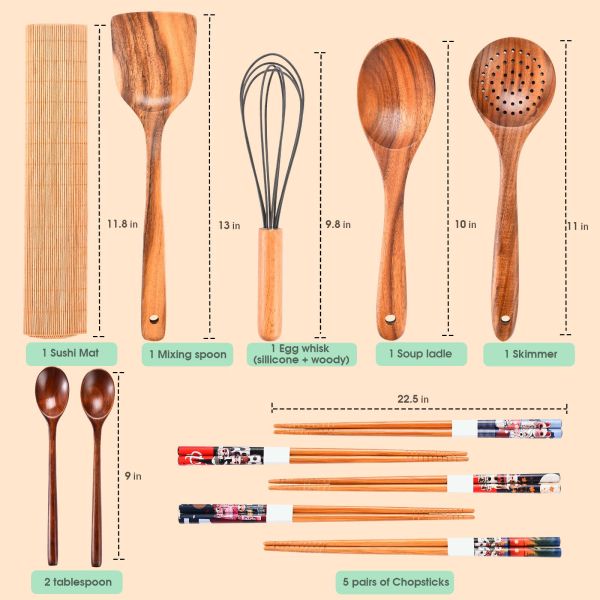 Safe Acacia Wooden Kitchen Utensil Set Spoon Nonstick Hard Dish Washer