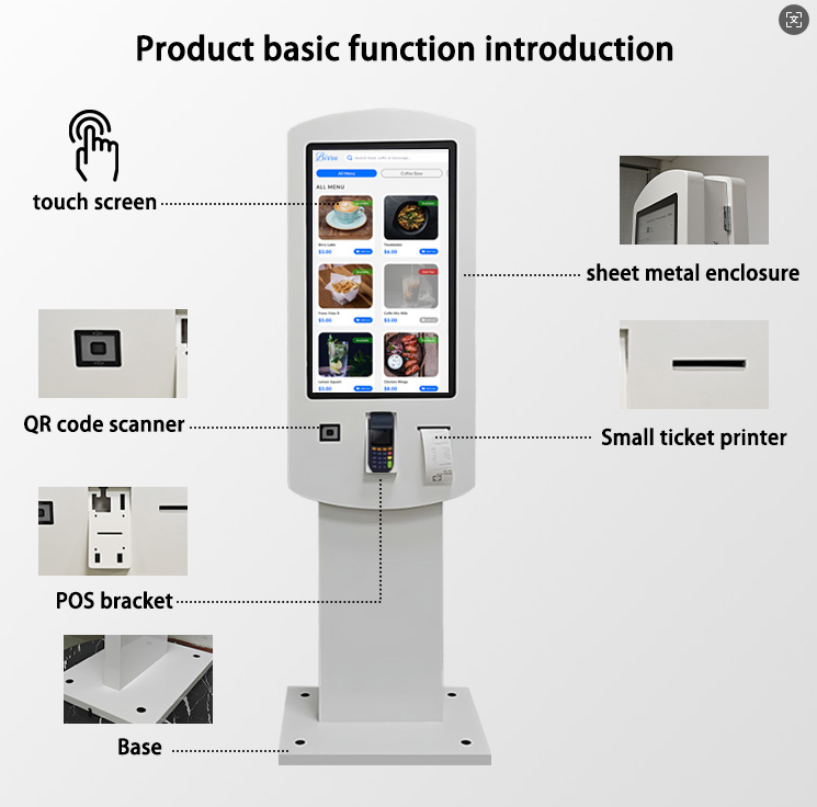 32 inch Indoor Double Sided PCAP Self Order Kiosk Built-in NFC QR Scanner Printer POS holder