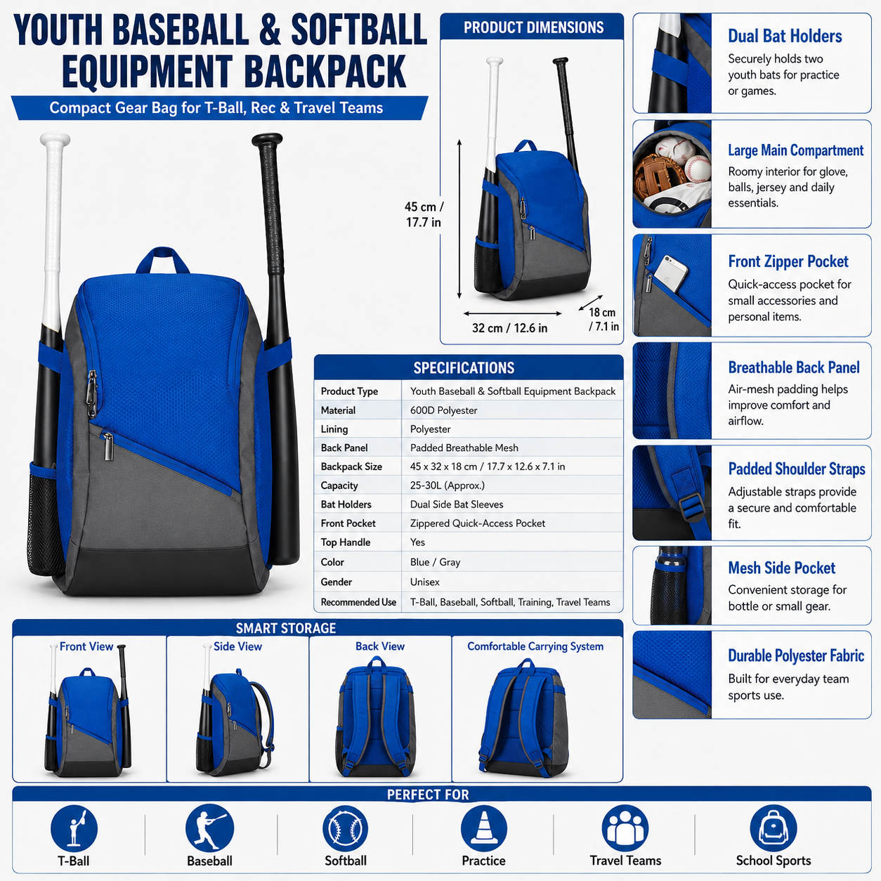Youth Baseball & Softball Backpack with Bat Holders, Equipment Bag for T-Ball, Rec & Travel Teams, Gloves, Helmet & Gear
