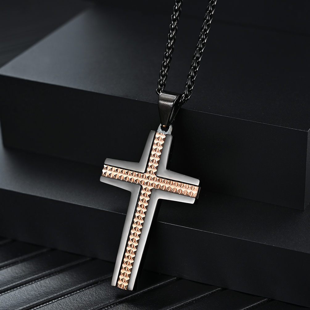 Collar de acero inoxidable para hombre de zircónia cúbica micro pavimentación de la cruz colgante collar de oro rosa, plata y azul