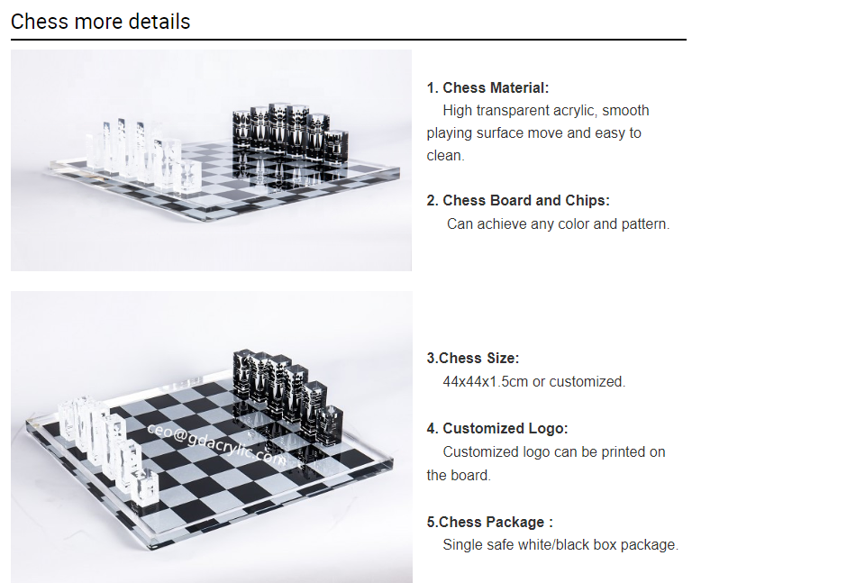Wholesale Creative Black White Printing Clear Crystal Acrylic Chess Set