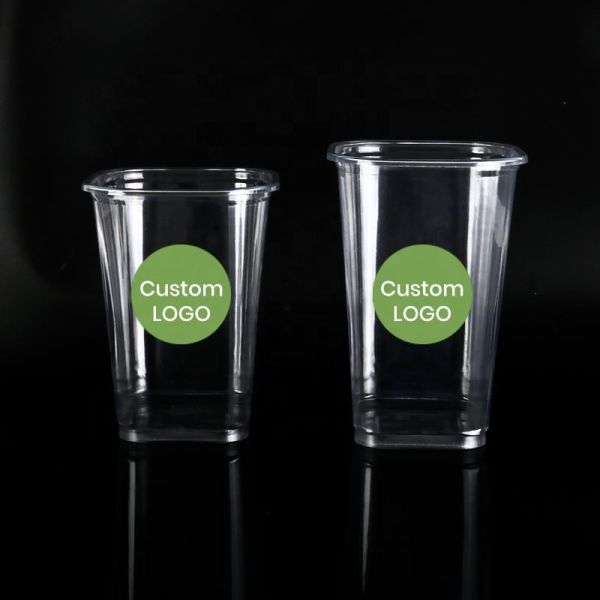 Wholesale 16oz 20oz 22oz 24oz Square PET Clear Plastic Cup with Lids