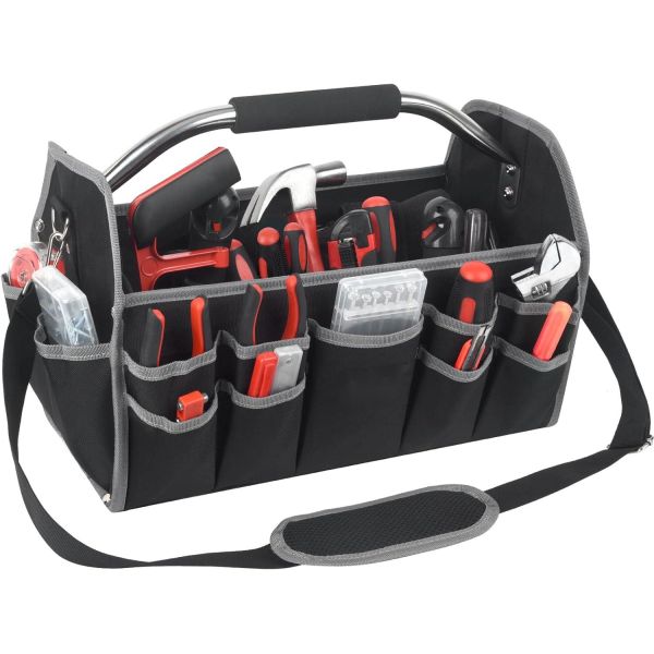 16 Inch 26 Pockets Steel Handle Custom Travel Tool Bag With Removable Shoulder Strap