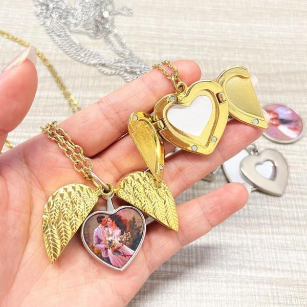 Custom Sublimation Angel Wings Heart Locket Pendant Necklace Personalized Locket Necklace
