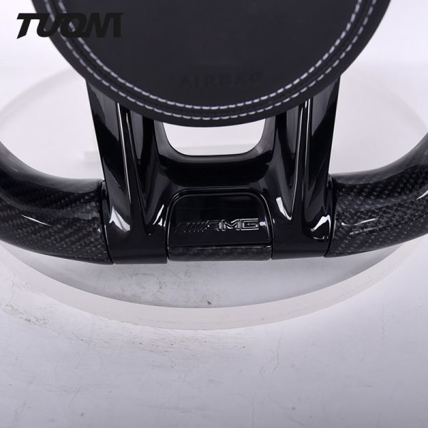 White Stripe Black Perforated Leather Mercedes Steering Wheel Carbon Fiber
