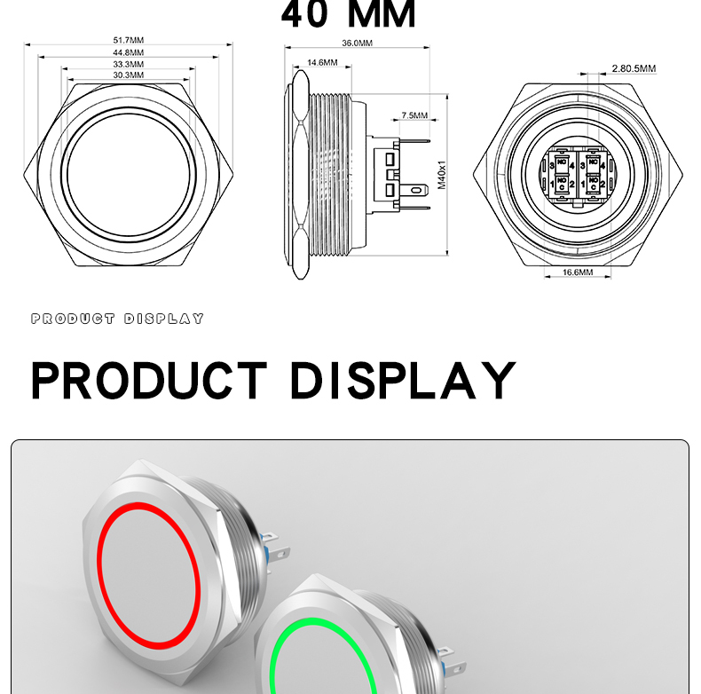 40mm metal button switch with light, large hole, stainless steel power start/stop self-lock reset boot button