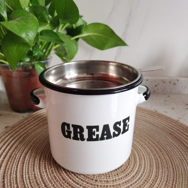 Round Enamel Coating bacon grease can with strainer Carbon Steel Grease Container