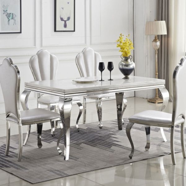 White Marble Dining Table And Chairs Set Stainless Steel Rectangle