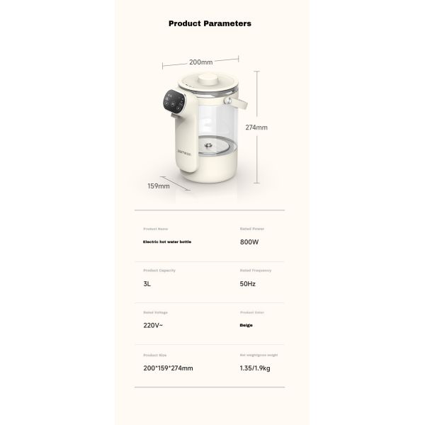 3L Capacity Thermostatic Electric Kettle 800W 12 Gear Water Temperature Adjustment
