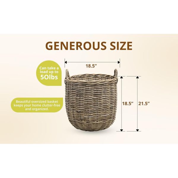 Rattan Kobo Round Storage Basket, Handwoven Rattan Basket With Handles, Organization & Home Decor For Storage, Gray-Brown