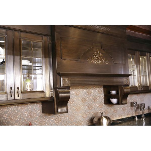 Dark Wood Stainless Steel Kitchen Cabinets with Island and LED Lighting