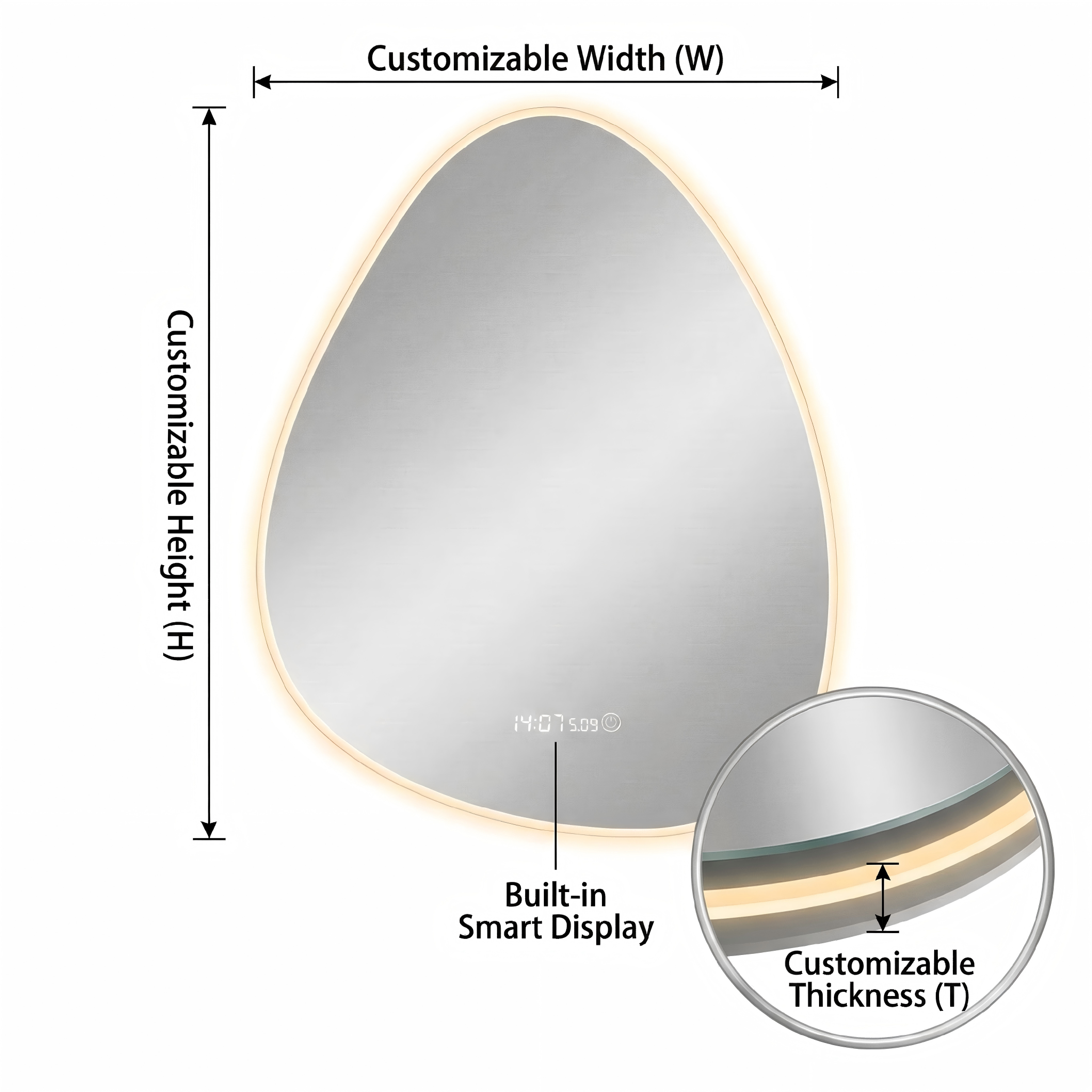 Kingstin Frameless LED Bathroom Mirror, Droplet Shape, Anti-Fog, Dimmable 3-Color Light, Smart Time Display, Wall Mounted