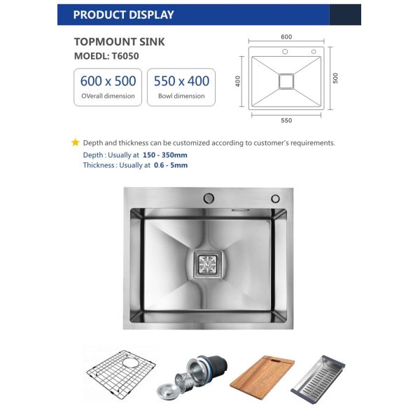 Topmount Stainless Steel Kitchen Sink Brushed Single Bowl 18 Gauge 60x50