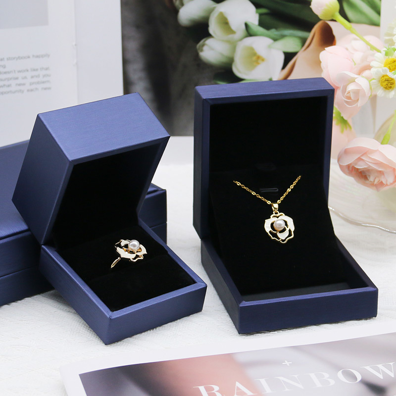 Luxury Double Ring Necklace Jewelry Box Set Elegant Blue PU Leather Material