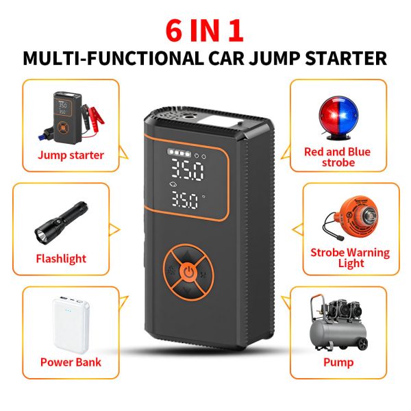 12V Car Battery Booster Tire Inflator 4 In 1 6000mAh Emergency Vehicle Jump Starter Air Pump For Car Tires