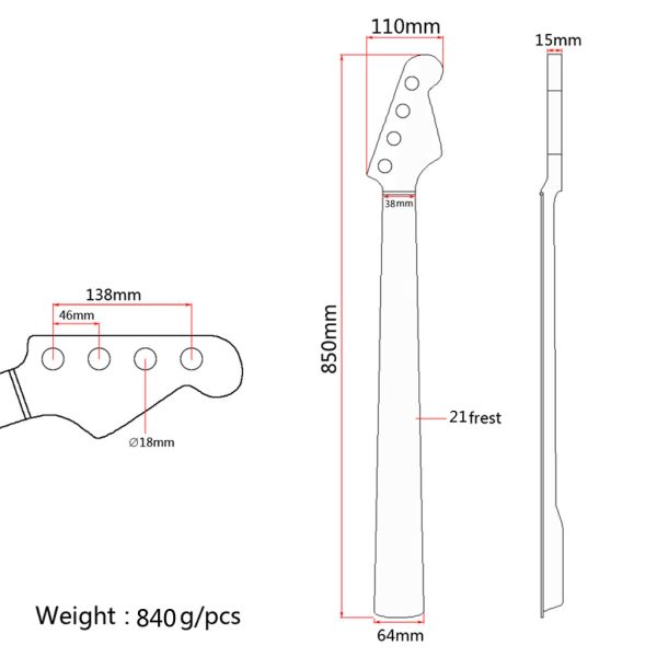 Матовый финиш Бассная шея Регулируемая решетка ствол кленовый бас гитара шеи 21 фреты