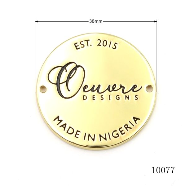 Gold Metal Logo Tag 38mm Custom Logo Name Tags Round With Black Oil Text Bag Charms