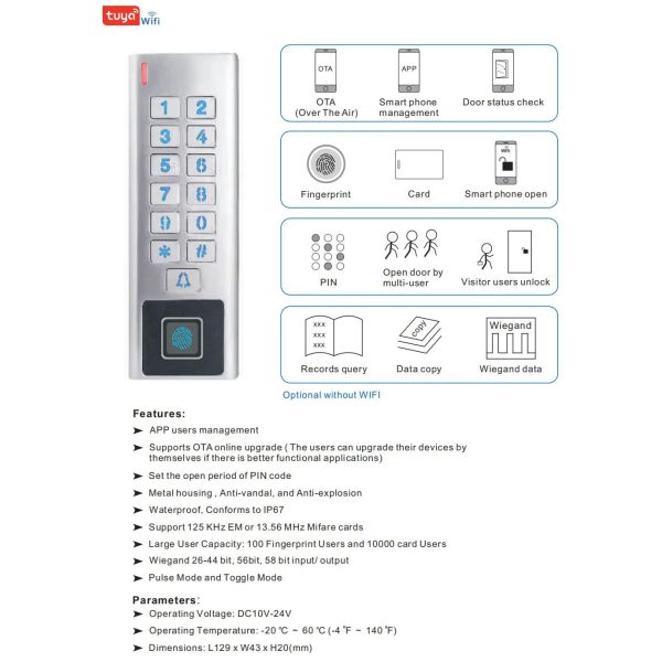 Weatherproof Outdoor Wifi Tuya App Standalone Metal Keypad Access Control