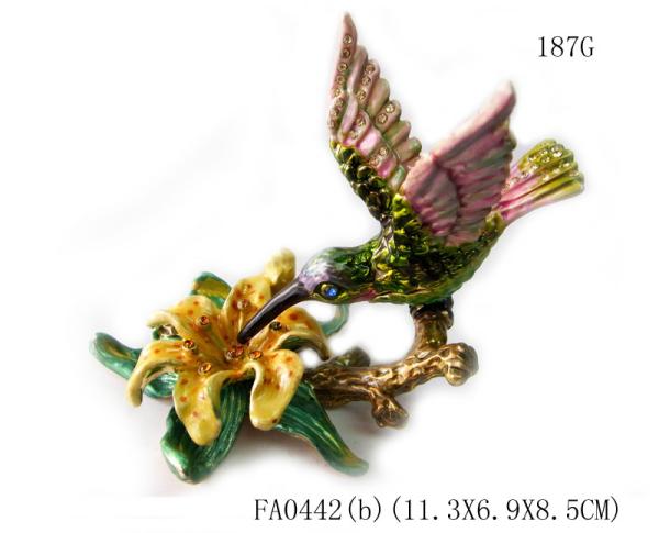 Custom pewter cute bird shape jewelry boxes colorful printed bird hummer jewelry boxes