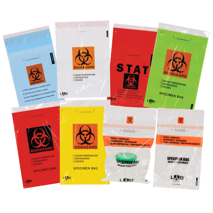 Reclosable Biohazard Specimen Transport Bags with Destroyable Biohazard Symbol