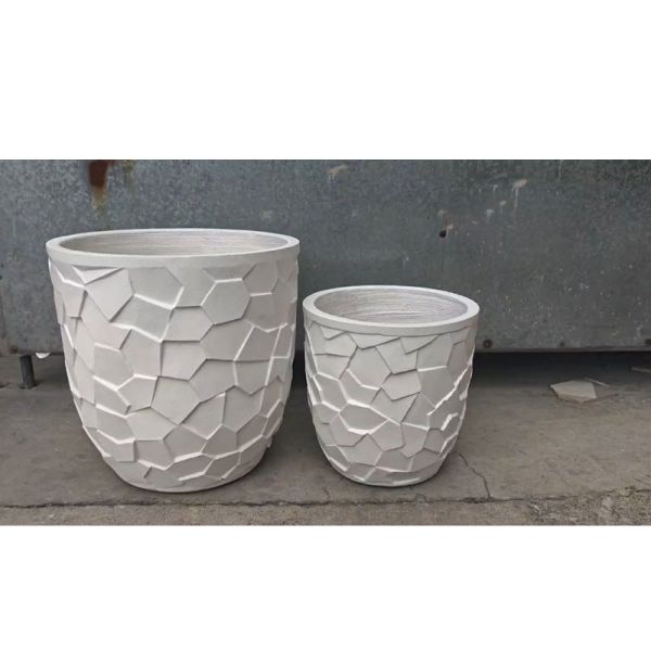Irregular Polygonal Mosaic-like Pattern White Round Fiber Clay Planter Customization