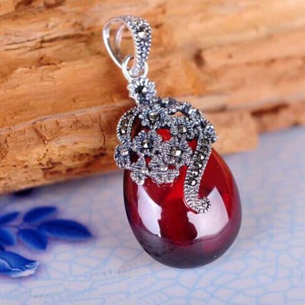 Thai 925 Silver Pendant Necklace with Red Agate Marcasite(JX467RED)