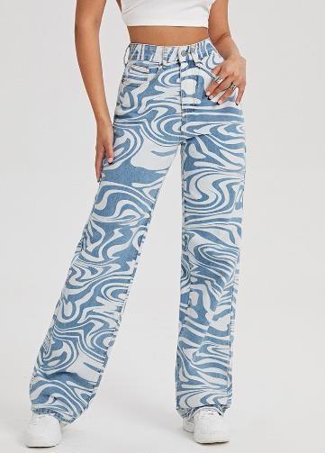 O pé largo alto do Waisted das mulheres da fábrica da roupa da quantidade pequena imprime calças entufados ocasionais da sarja de Nimes das calças de brim