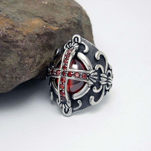 Men's Vintage Old Silver Plated Titanium Stainless Steel Ring Red Cubic Zircon Gothic Cross(SA240)