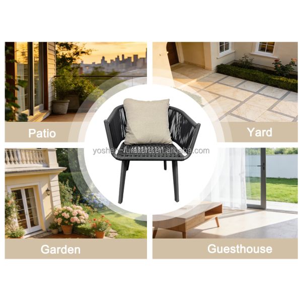Beige Rope Woven Outdoor Dining Arm Chair with Aluminum Frame for Patio and Garden