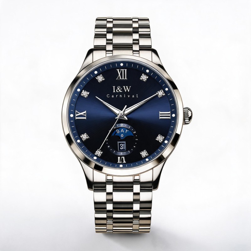 I&W Men Moon Phase Watch Multi Function Date Week Display Stainless Steel Band