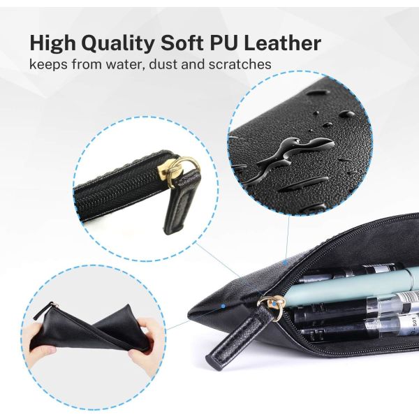 MROCO Pencil Case Pencil Pouch Black Pencil Bag PU Leather Pen Case Small Zipper Pouch for Pencils, Pens, Markers, Makeu