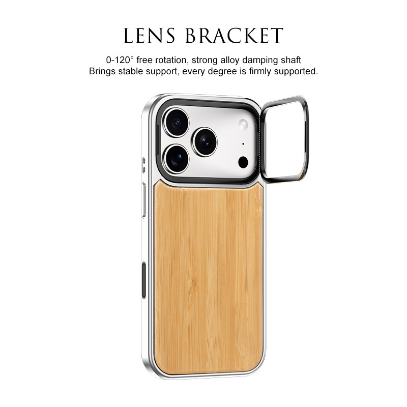 For Luxury Business Natural Wood TPU PC Magnetic Phone Case for iPhone 18/17/16 Pro Max with Camera Lens Bracket