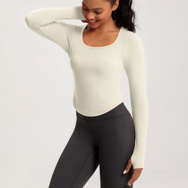 Scoop Neck Cropped Long Sleeve Workout Top for Women, Buttery Soft Stretchy Fabric, Coffee Brown, Ideal for Yoga Running and Daily Wear