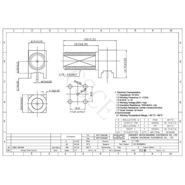 75 Ohms Right Angle SMA Connector , SMA Female PCB Mount Jack Size L28*H14.7mm