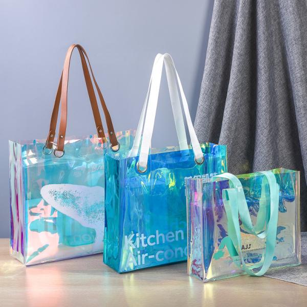 Custom Plastic Tote Bag With Handles Clear Beach Bags Transparent Stadium Bag Holographic Waterproof Versatile Beach Clear Printed Word Tote Bag Work Handbag Shoulder PVC Tote Shopping Bag