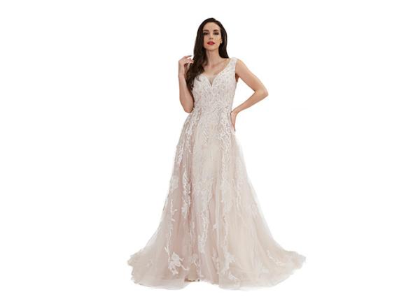 White Tulle V Neck Long Wedding Dresses / Sweep Train Ball Gown