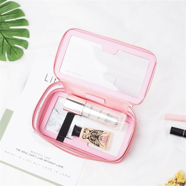 Leather Trimmed PVC Cosmetic Bag Double Zippers