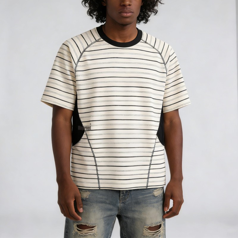 Low Price High Quality Custom High Quality Patchwork Oversize Striped Contrasting Color Hip Hop Embroidered Tshirt for Men