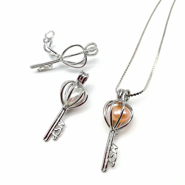 Antique Silver Key Locket Cage Charms Necklaces Pendants with 6-7mm Rice Shape Real Freshwater Pearl